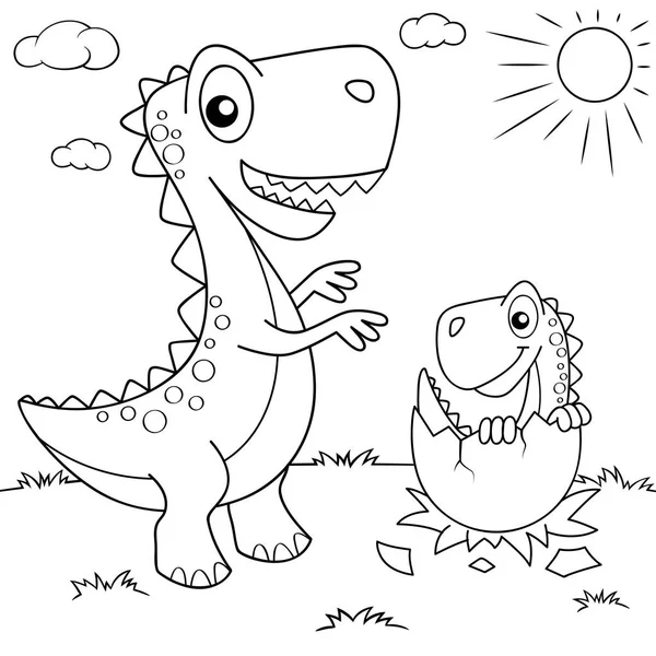 面白い漫画恐竜と小さな恐竜の巣 黒と白のベクトル イラスト塗り絵 — ストックベクタ