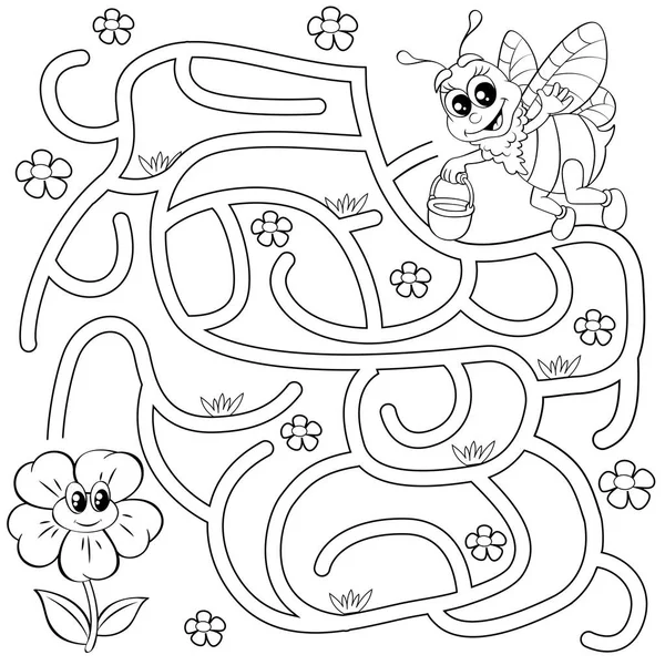 Help Bee Find Path Flower Labyrinth Maze Game Kids Black — Stock Vector