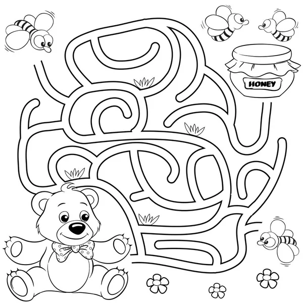 Help Bear Find Path Honey Labyrinth Maze Game Kids Black — Stock Vector