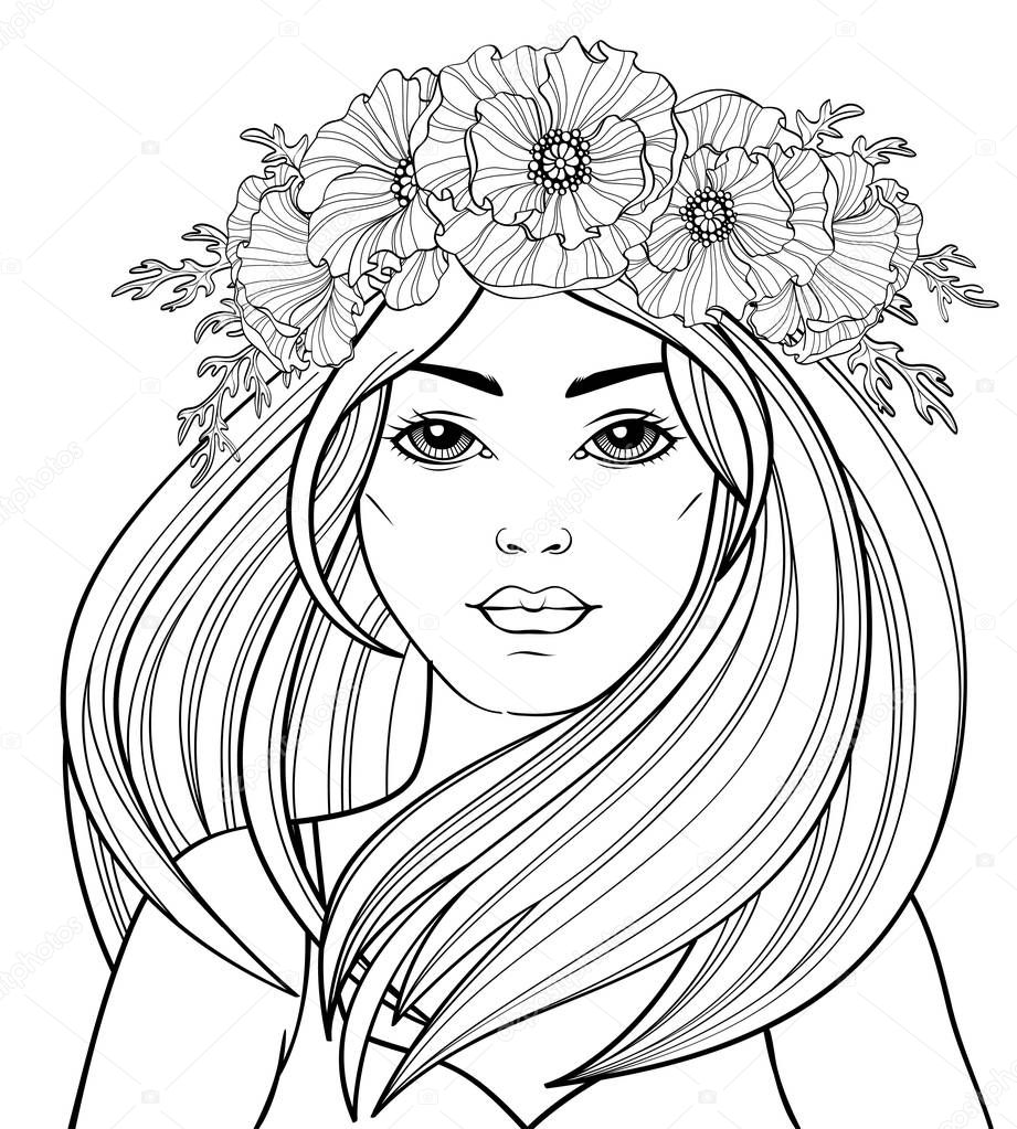 Young Beautiful Girl Long Hair Poppy Wreath Tattoo Adult Antistress