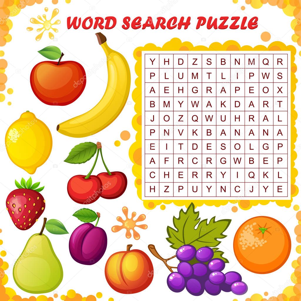 Word Search Puzzle Vector Education Game Children Fruits — Stock Vector