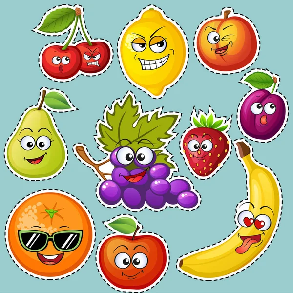 Cartoon Fruit Characters Fruit Emoticons Stickers Grape Orange Apple Lemon — Stock Vector