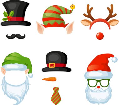 Mutlu Noeller ve mutlu yıllar. Xmas fotoğraf kabini. Yılbaşı şapkaları, gözlükleri, boynuzları, bıyıkları