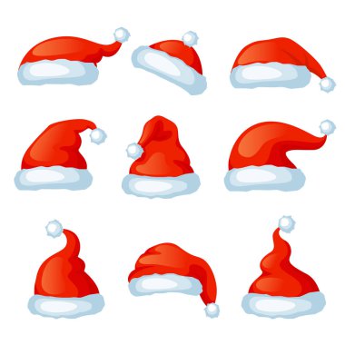 Kırmızı Noel Baba şapkaları. Xmas fotoğraf kabini. Mutlu Noeller ve mutlu yıllar.
