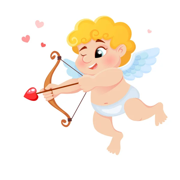 Bonito Desenho Animado Cupido Com Arco Flecha Amor Corações Ilustração —  Vetores de Stock