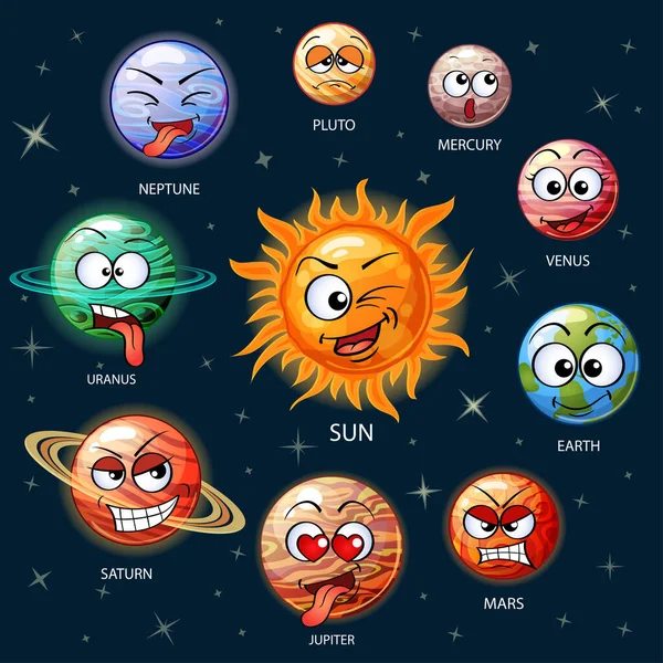 Planètes Emoji Mignons Système Solaire Soleil Mercure Vénus Terre Mars — Image vectorielle