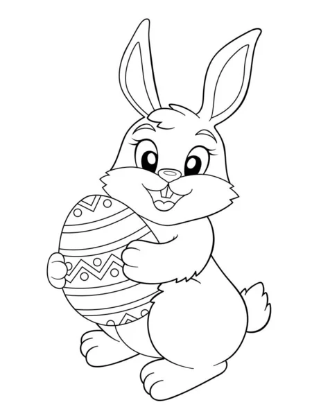 Easter Bunny Holding Easter Egg Black White Vector Illustration Coloring — Stock Vector