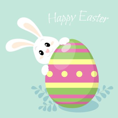 Mutlu Paskalyalar. Paskalya yumurtalı şirin bir tavşancık. Düz stil ile tebrik kartı