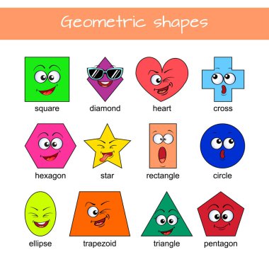Geometrik şekilleri öğren. Çizgi film suratlı geometrik şekiller. Anaokulu çocukları için eğitici materyal. Kare, kalp, üçgen, altıgen, çember, yıldız, trapezoid, elmas, çapraz, dikdörtgen, elips, beşgen