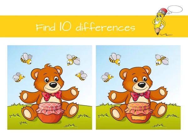 Najdi Deset Rozdílů Vzdělávací Hra Pro Děti Roztomilý Kreslený Medvěd — Stockový vektor