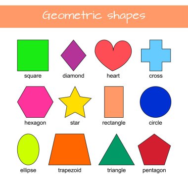 Geometrik şekilleri öğren. Anaokulu çocukları için eğitici materyal. Kare, kalp, üçgen, altıgen, çember, yıldız, trapezoid, elmas, çapraz, dikdörtgen, elips, beşgen