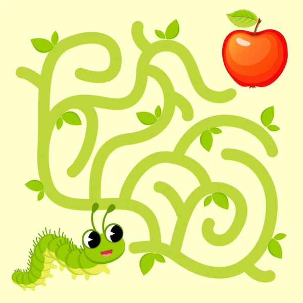 Help Caterpillar Find Path Apple Labyrinth Maze Game Kids — Stock Vector