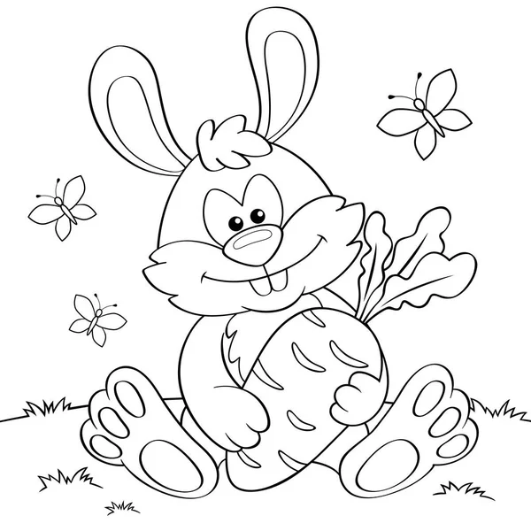 Leuke Tekenfilm Bunny Met Wortel Zwart Wit Vector Illustratie Voor — Stockvector