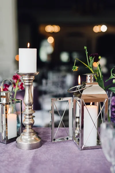 Closeup Candles Flowers Festive Table Violet Cloth — Stock Photo, Image