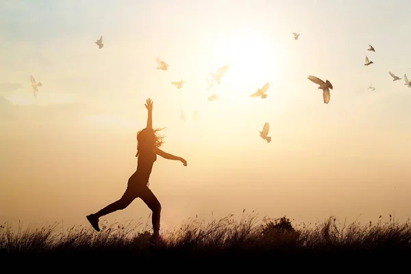 Woman and flying birds enjoying life in nature on sunset background — Stock Photo, Image