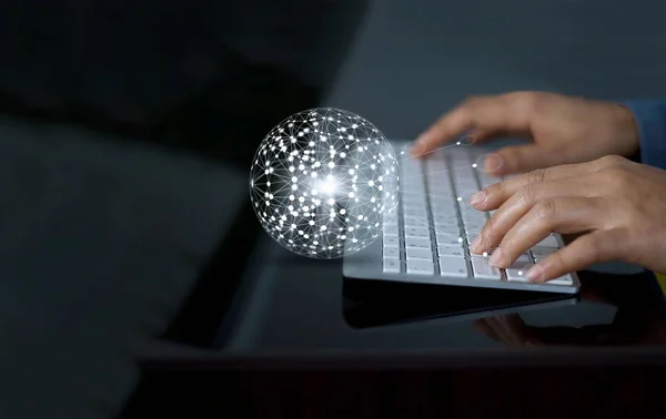 Man using keyboard with abstract global network connection — Stock Photo, Image