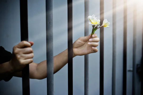 Vrouw gevangene in de gevangenis met witte bloemen — Stockfoto