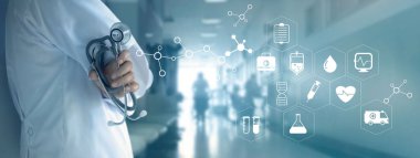 Doktor hastane zemin üzerine sağlık stetoskop ve beyaz simgesi olan