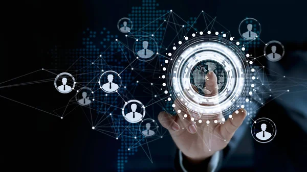 Sanal dokunmadan işadamı bir küresel müşteri ağ bağlantısı ekran