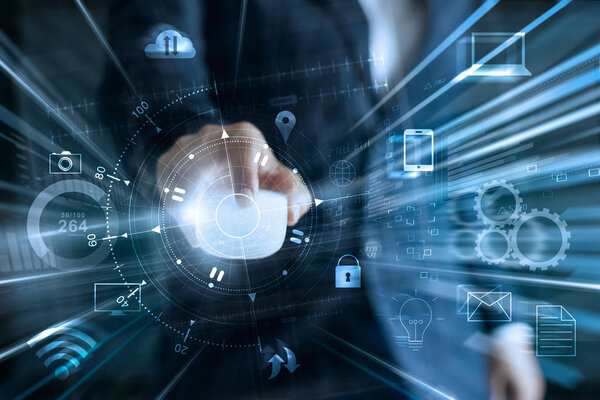 Businessman using mouse serching for global network 