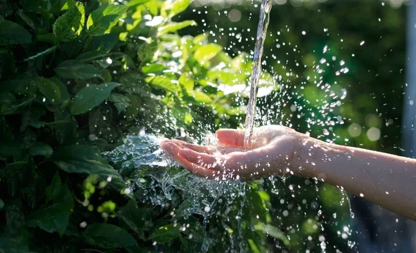 Water pouring in woman hand on nature background, environment issue — Stock Photo, Image