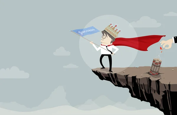 Super zakenman met kroon en vlag van succes op de klif — Stockfoto