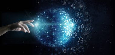 Alan arka plan üzerinde küresel ağ ve veri müşteri bağlantısı dokunmadan işadamı