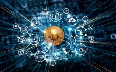 Blockchain teknoloji ve ağ kavramı. Simge blockchain ağ bağlantısı üzerinde anakart microcircuit hızlı hızlı arka plan ile Bitcoin cryptocurrency