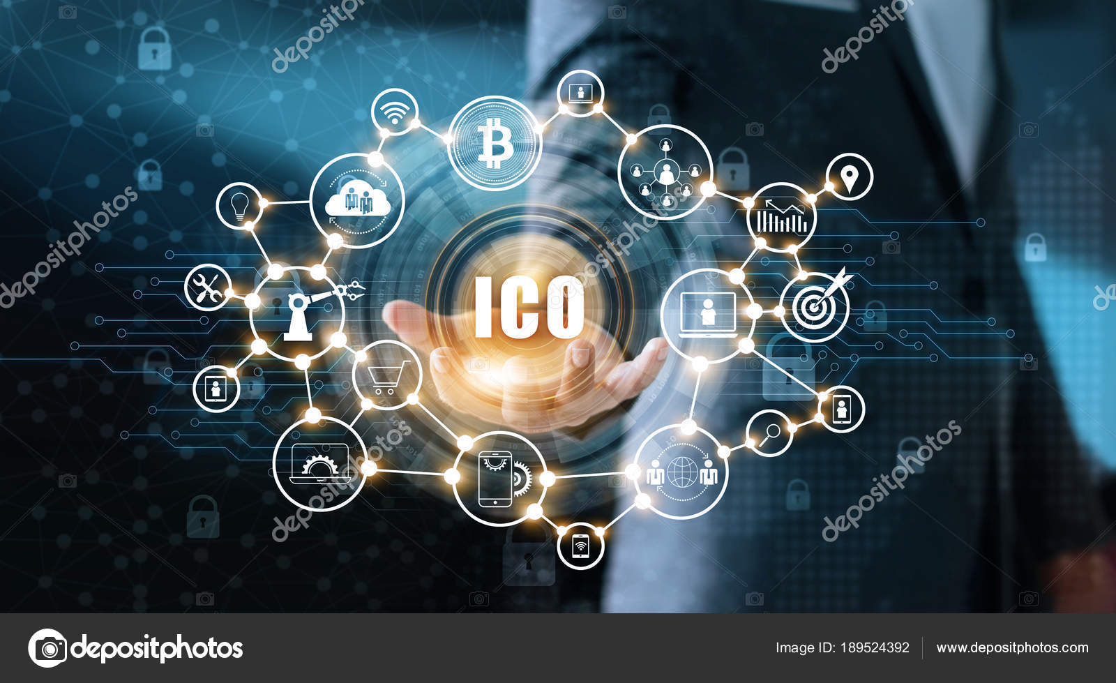 在界面虚拟屏幕上与Ico 或初始硬币提供的商人持有图标. —— 库存社论照片© ipopba #189524392