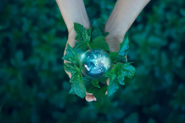 Earth Day, Energiesparkonzept, Hand hält Erde auf grünen Blättern — Stockfoto