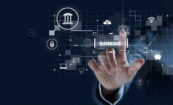 Businessman touching icon and word banking on global network con — Stock Photo, Image