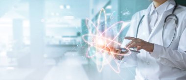 Sanal arayüzde sağlık ve tıp bilimi sağlık hizmetleri, yenilik ve dijital teknoloji gelecekte hastane arka planında