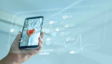 Sağlık hizmetleri, Doktor online ve sanal hastane konsepti, akıllı telefondaki teşhis ve çevrimiçi tıbbi konsültasyon, ağdaki hastalarla iletişim, yenilikçi ve tıbbi teknoloji.