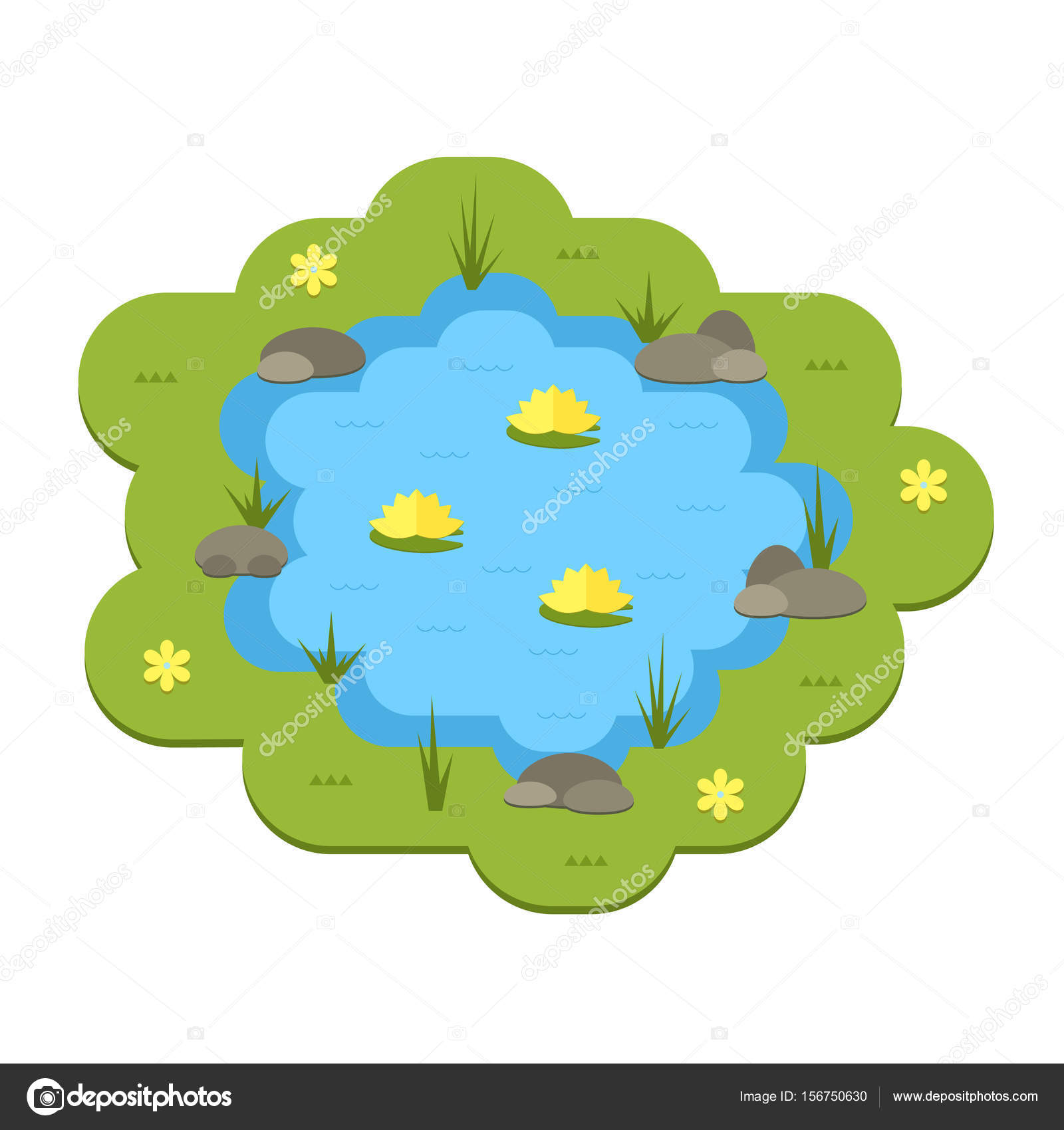 Cartoon vector garden pond illustration with water, plants and animals.  Stock Vector Image by © #156750630
