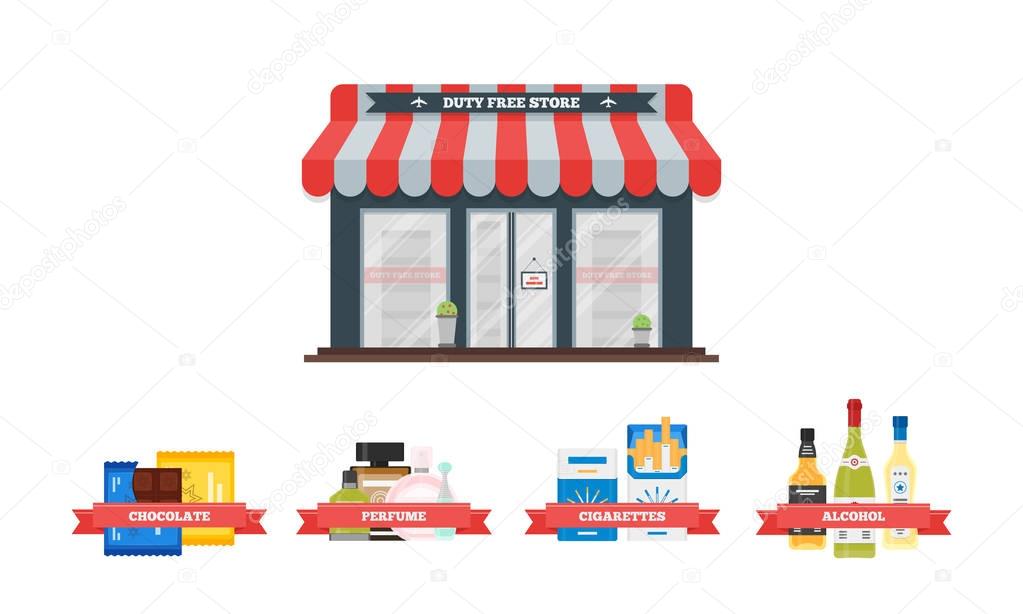 Vector flat icons set of Duty Free shop facade and catalog icons for perfume, alcohol, chokolate and cigarette packs at airport. Isolated illustration of store building for tax free airport shopping.