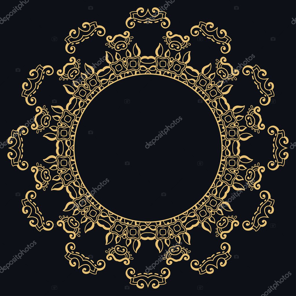 Golden outline doodle floral frame template. Vector decorative line art border. Elegant lace, isolated design element for invitation, greeting card in Eastern style, place for the text. Gold and black