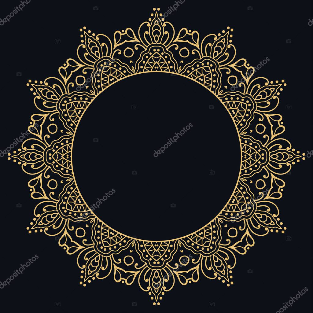 Golden outline doodle floral frame template. Vector decorative line art border. Elegant lace, isolated design element for invitation, greeting card in Eastern style, place for the text. Gold and black