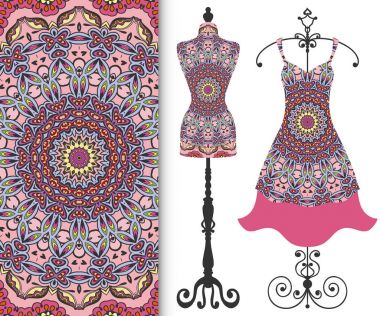 Vektör moda illüstrasyon, kadın bedeni için terzi mankeni, askı ve doku yinelenen ile sorunsuz çiçek geometrik desenli bayan elbise modelleri. Baskı, davetiye kartı tasarımı için izole öğeleri