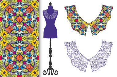 Vektör moda çizim. Vintage dantel yaka koleksiyonu, terzinin kukla ve sorunsuz çiçek geometrik desenli. Karalama defteri, davetiyeler veya kartları tasarımı için izole öğeleri el çekilmiş.