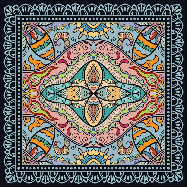 Dekorativa abstrakta färgstarka bakgrund, geometriska blommig doodle mönster med utsmyckade spetsar ram — Stock vektor