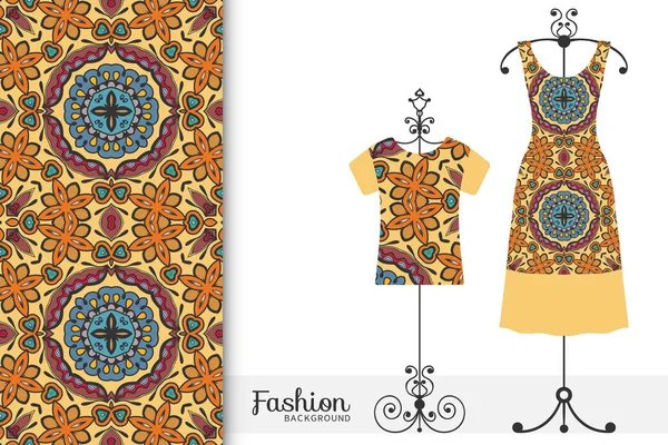 일러스트입니다 손으로 그린된 원활한 패턴과 옷걸이에 여자의 드레스 다채로운 기하학적 — 스톡 벡터