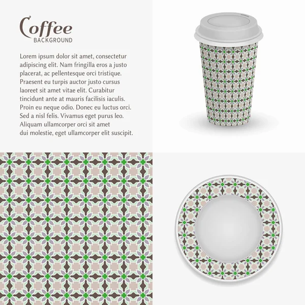Tasse Papier Carton Café Soucoupe Avec Ornement Motif Sans Couture — Image vectorielle