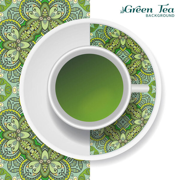 Чашка зеленого чая с каракулями на блюдце и бесшовным цветочным узором ручной работы. Кофе-брейк или чай время концепции, внутренний фон. Изолированные элементы декора чашек и пластин
