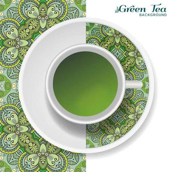 Чашка Зеленого Чаю Каракулевим Орнаментом Блюдці Ручним Малюнком Безшовного Квіткового Векторна Графіка