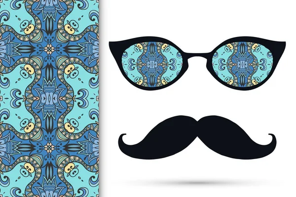 Óculos Sol Retro Hipster Ornamentado Bigodes Com Padrão Desenhado Mão — Vetor de Stock