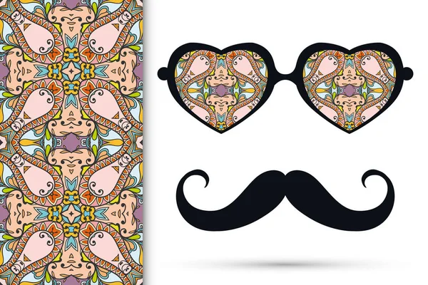 Retro Hipster Ornate Sunglasses Mustaches Seamless Hand Drawn Pattern Isolated — Stock Vector