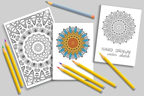 Desenho para colorir e cartões com lápis coloridos mock-up — Vetor de Stock