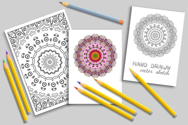 Desenho para colorir e cartões com lápis coloridos mock-up — Vetor de Stock