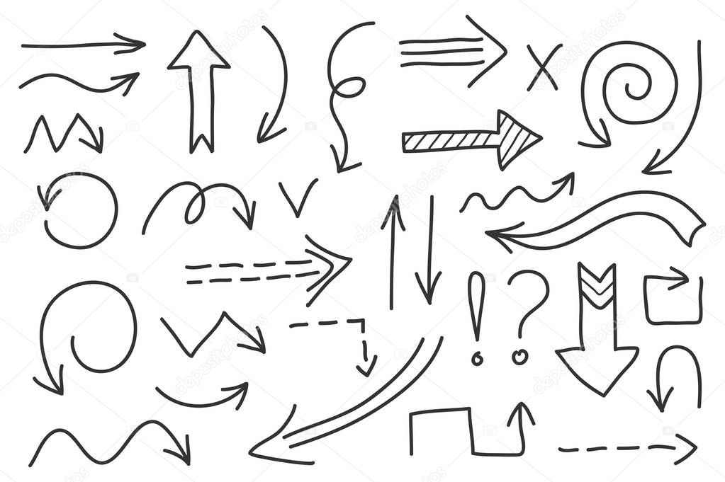 Vector doodle arrow set. Isolated symbols, design elements
