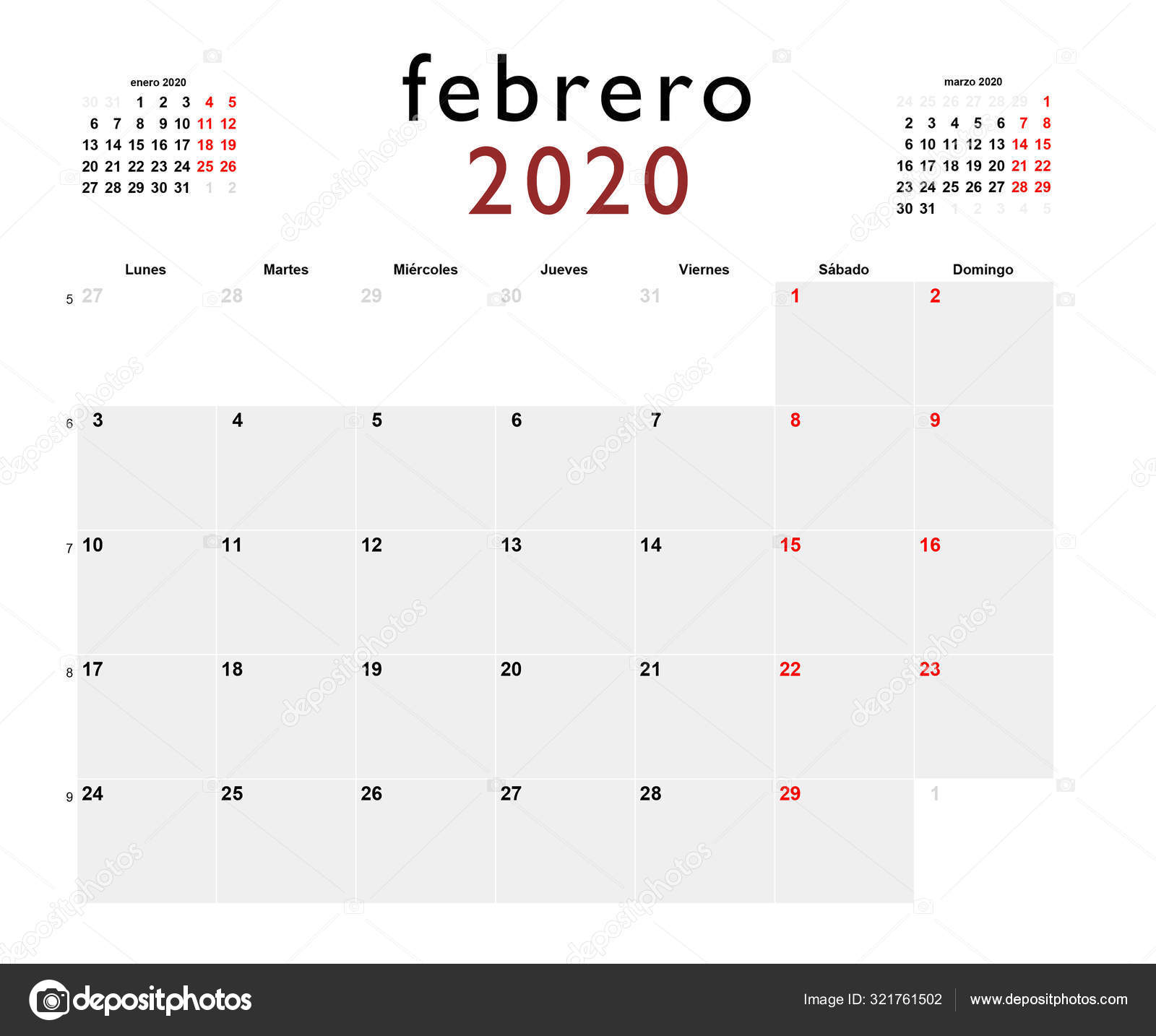 Spanish Printable Calendar February 2020 Stock Photo by ©josefir@gmail.com  321761502